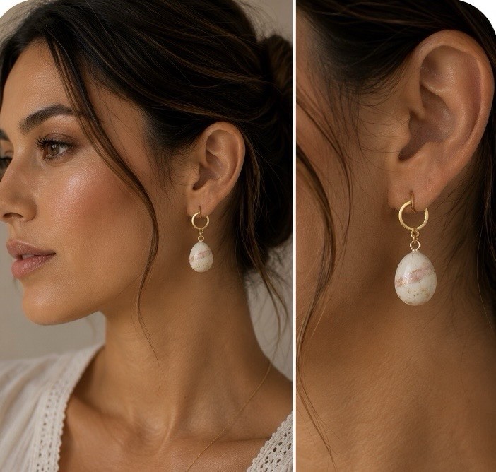 Handmade Gold Tone White Teardrop Resin Dangle/Drop Hoop Earrings