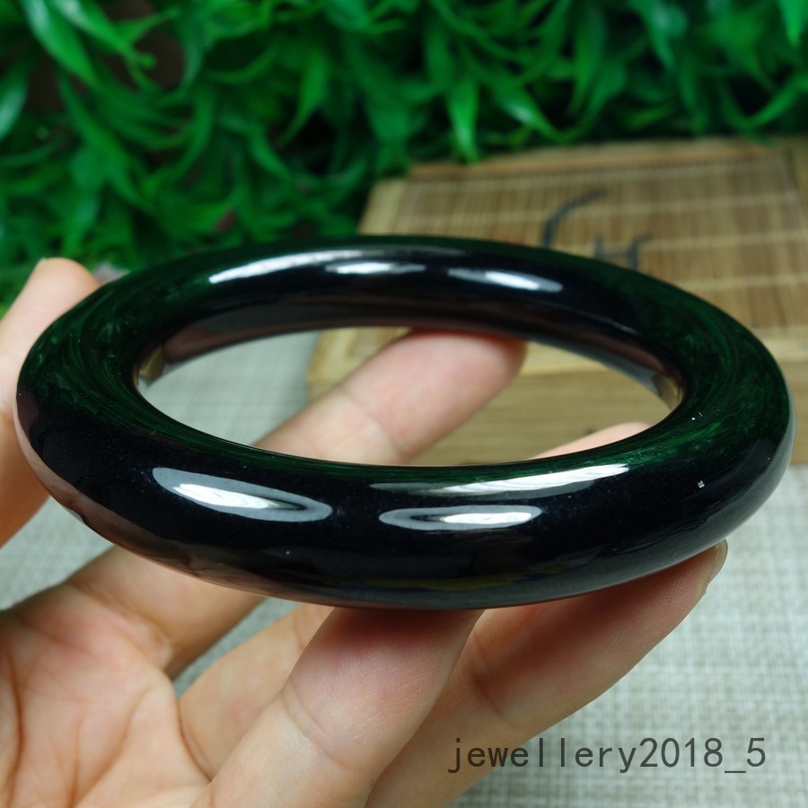 Certified Black Green Burma 100% Natural A Jadeite jade Bracelet 墨翠 圆条玉手镯 58.9mm