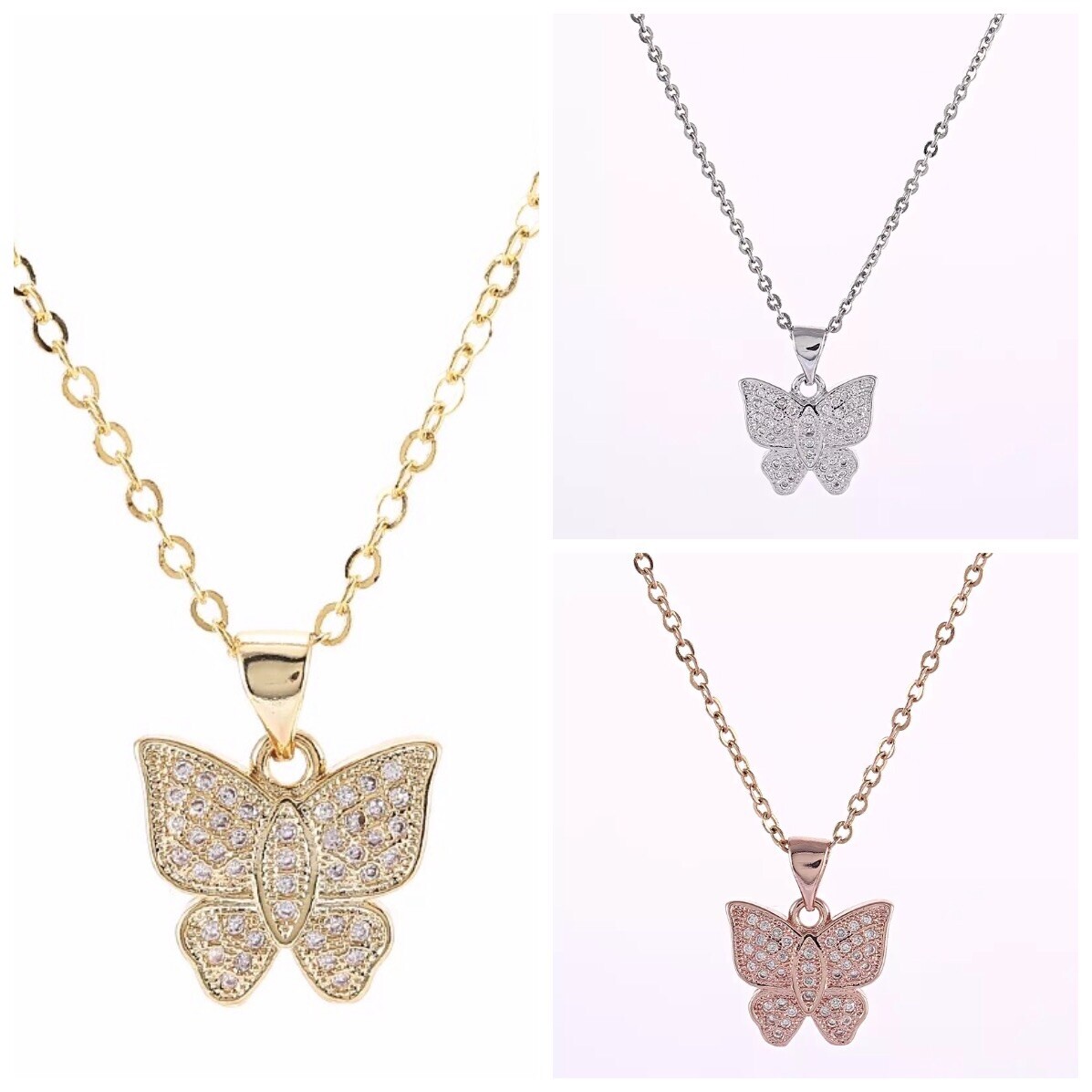 Cubic Zirconia BUTTERFLY CZ Pendant Necklace Silver,Gold, Rose Gold Plated N141