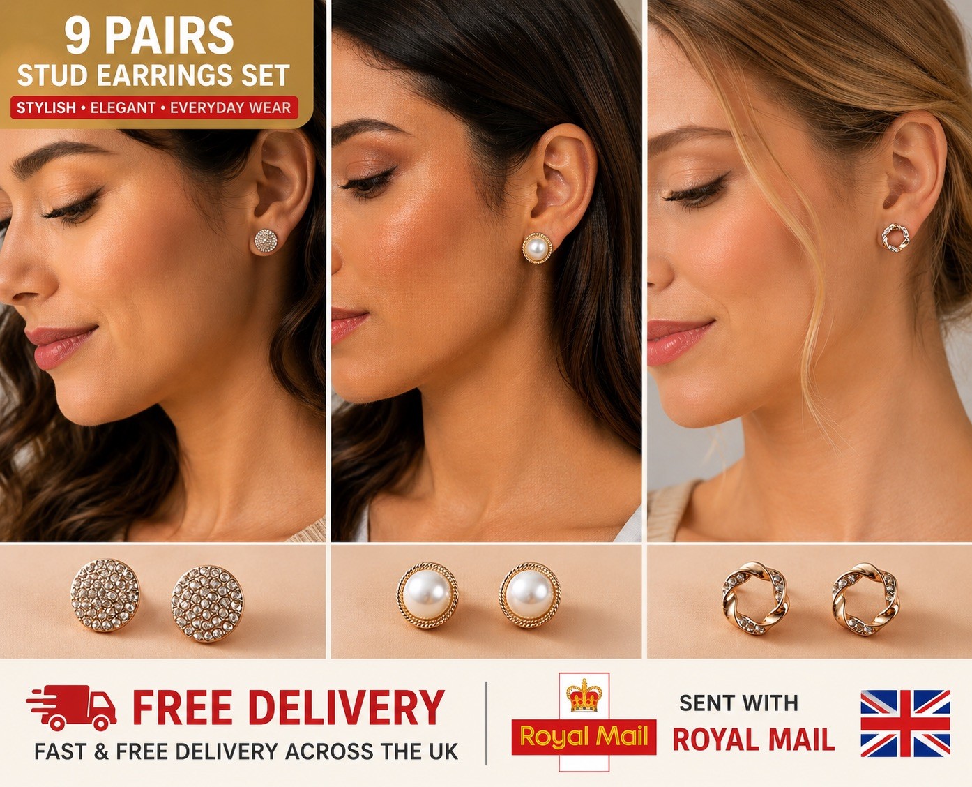 3 Pairs Pearl Stud Earrings Yellow Gold Colour Beautiful Studs Rhinestones UK