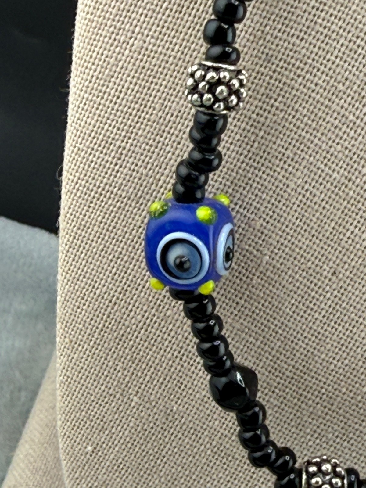 Vintage Glass Beaded Necklace Black Blue Orange Green 20”