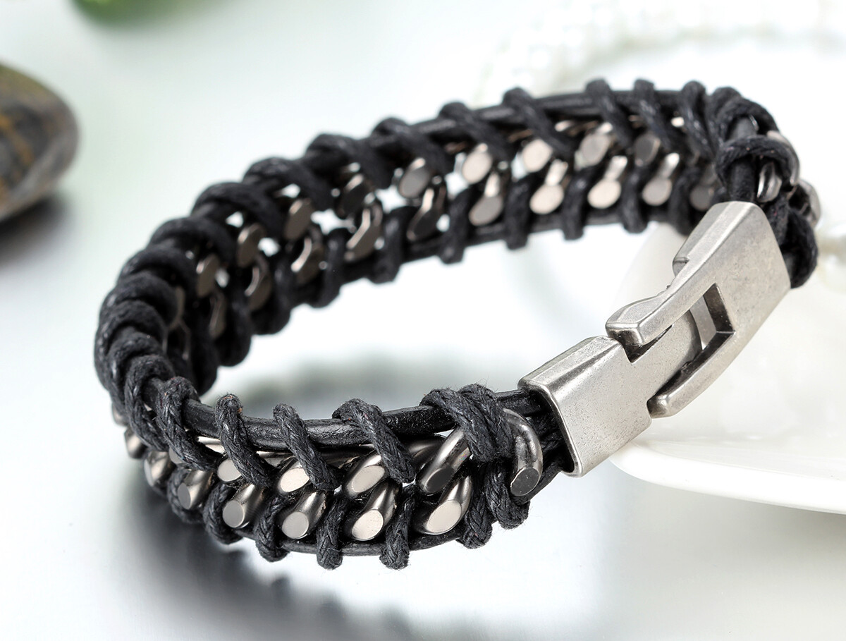Black Braided Leather Silver Stainless Steel Cuban Chain Men’s Bracelet Bangle