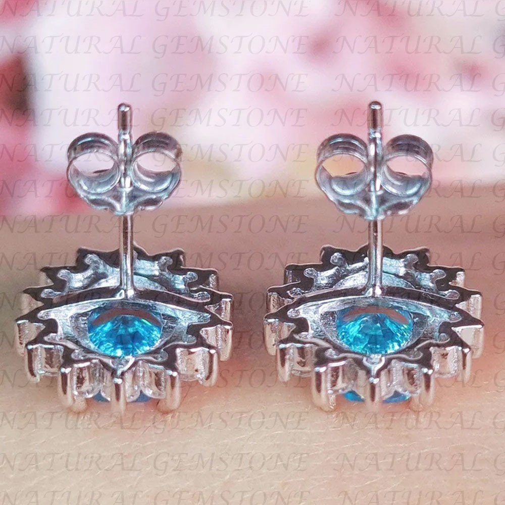 5.20crt Oval Cut Natural Blue Topaz & Diamond Stud Earring 18K White Gold Filled