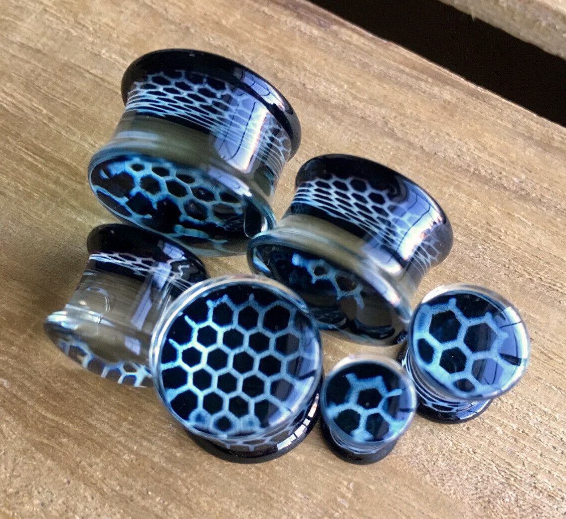 PAIR Black Honeycomb Design Pyrex Glass Double Flare Plugs Gauges Body Jewelry