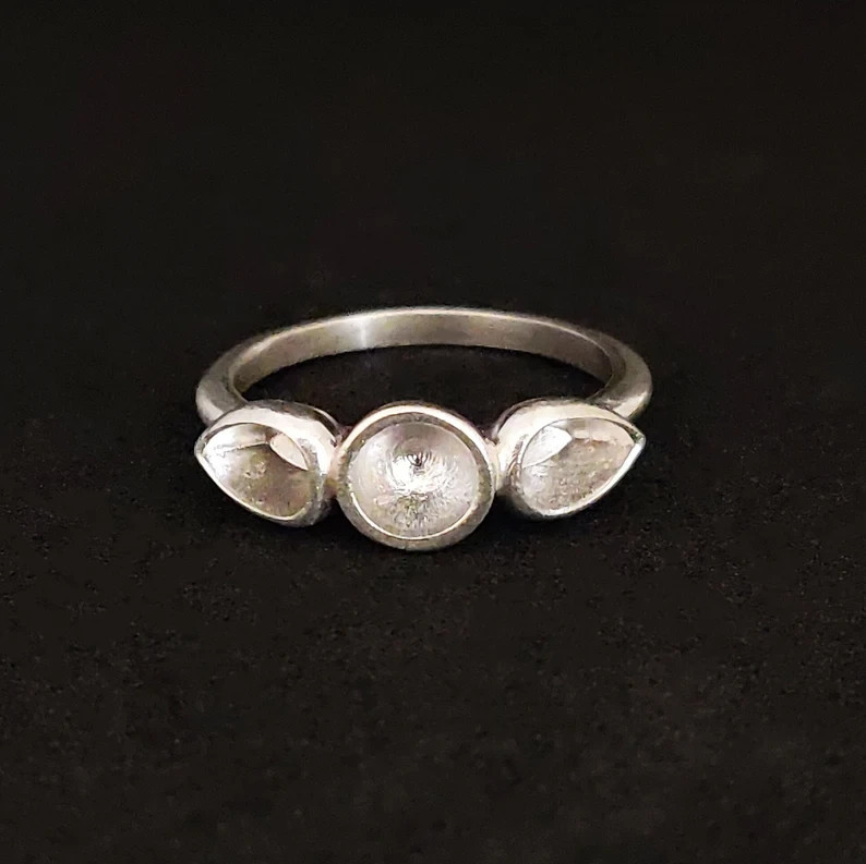925 Sterling Silver 3-Stone Cup Bezel Ring Round & Pear Gem Stacking Ring