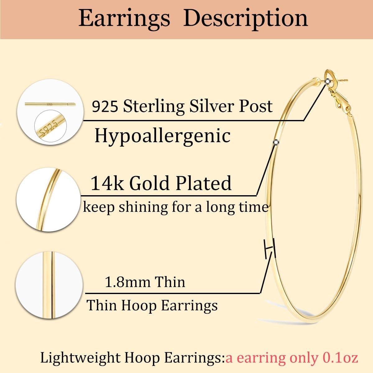 50Mm Big Gold Hoop Earrings for Women Girls,Dainty 14K Gold Hypoallergenic Rose