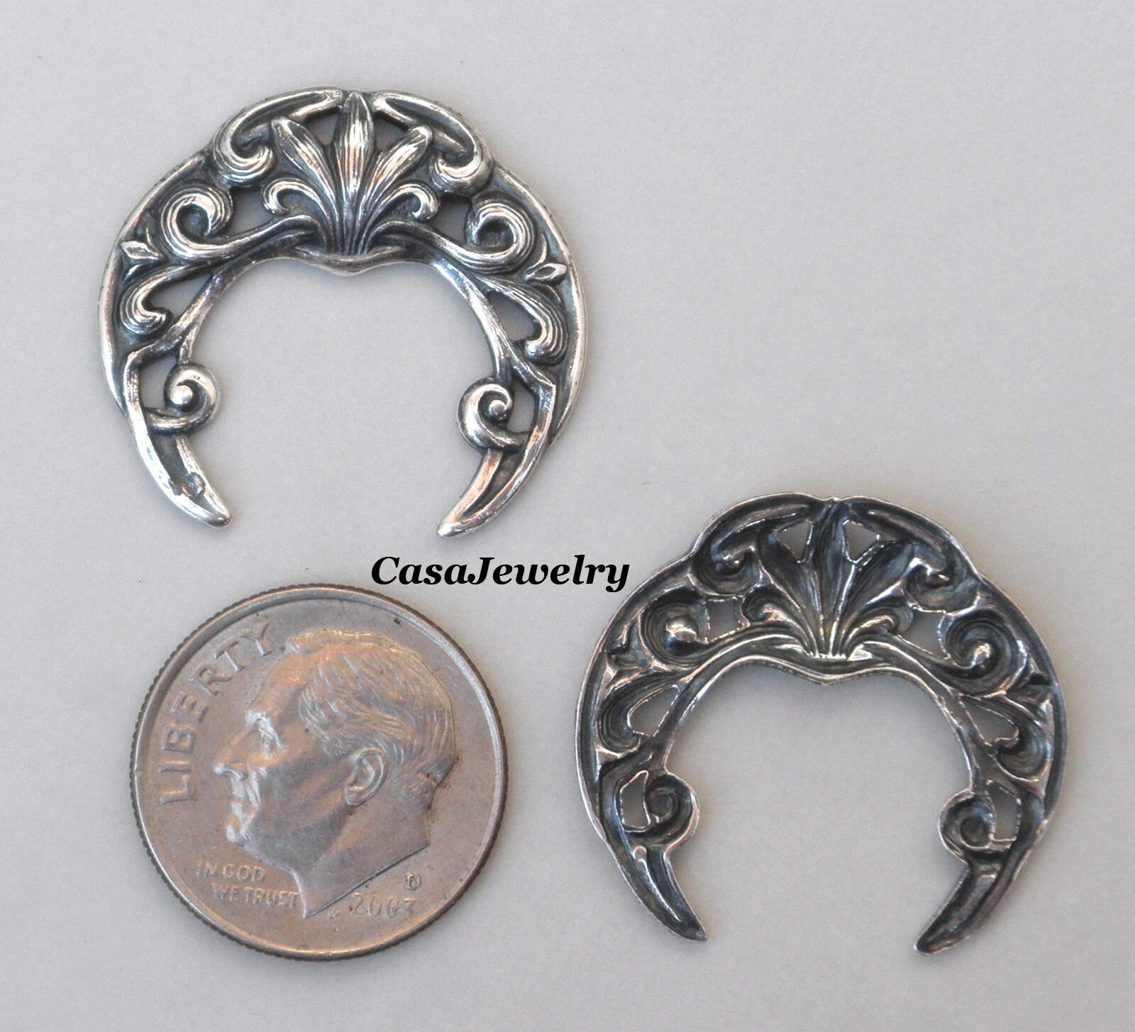 #3407 SM ANTIQUED STERLING SILVER PLATED OPEN FILIGREE CRESCENT – 2 Pc Lot