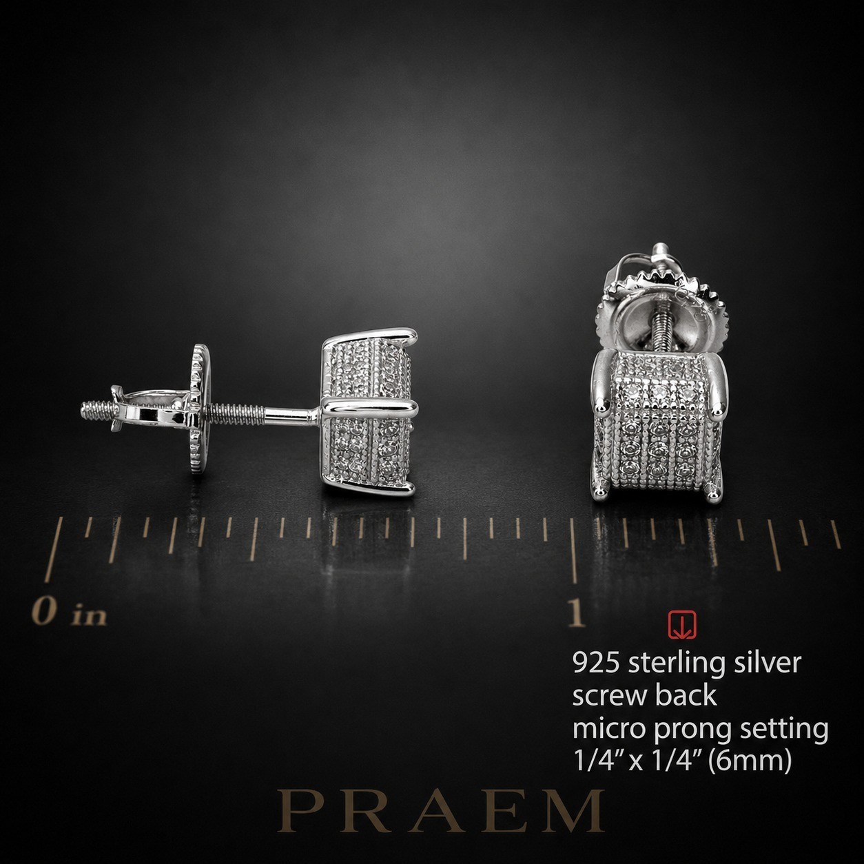 PRAEM 925 Sterling Silver Iced CZ 3D Square Cube Screw Back Stud Earrings 6mm