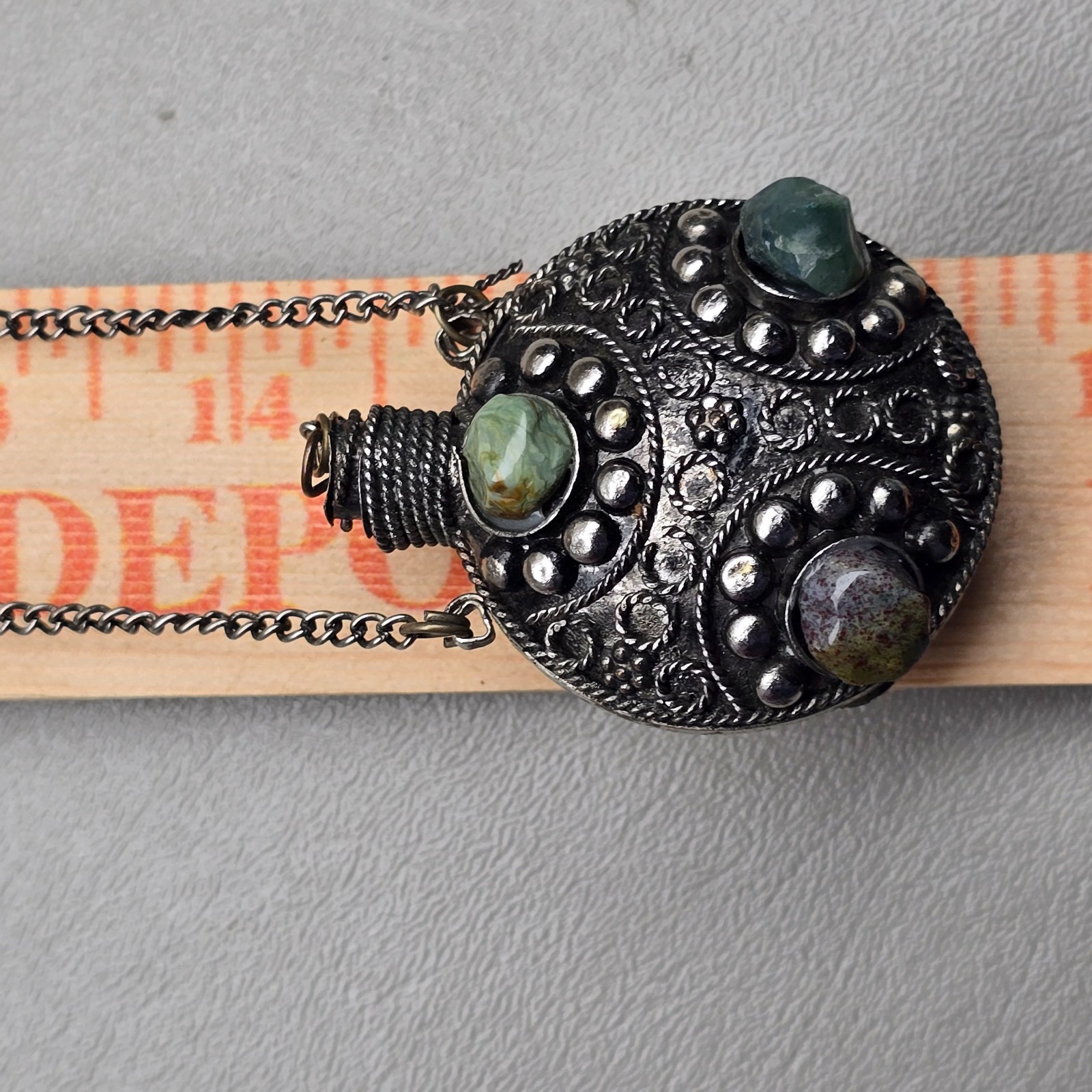 Vintage Perfume Bottle Necklace Filigree Statement Silver Tone 30in READ