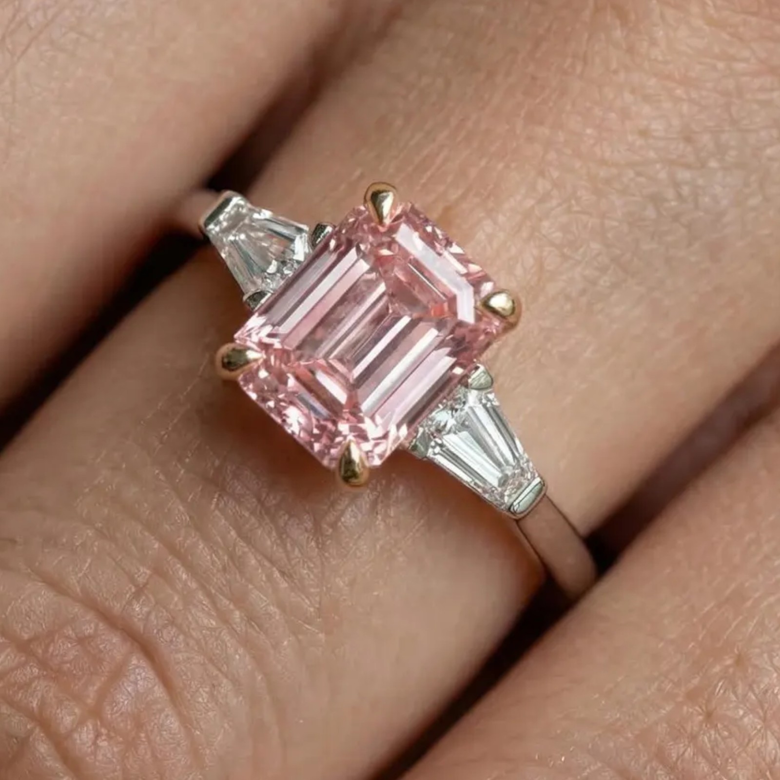Fancy Vivid Pink IGI Lab Created Diamond Ring 2.30 CT Emerald Cut 18K Multi Gold