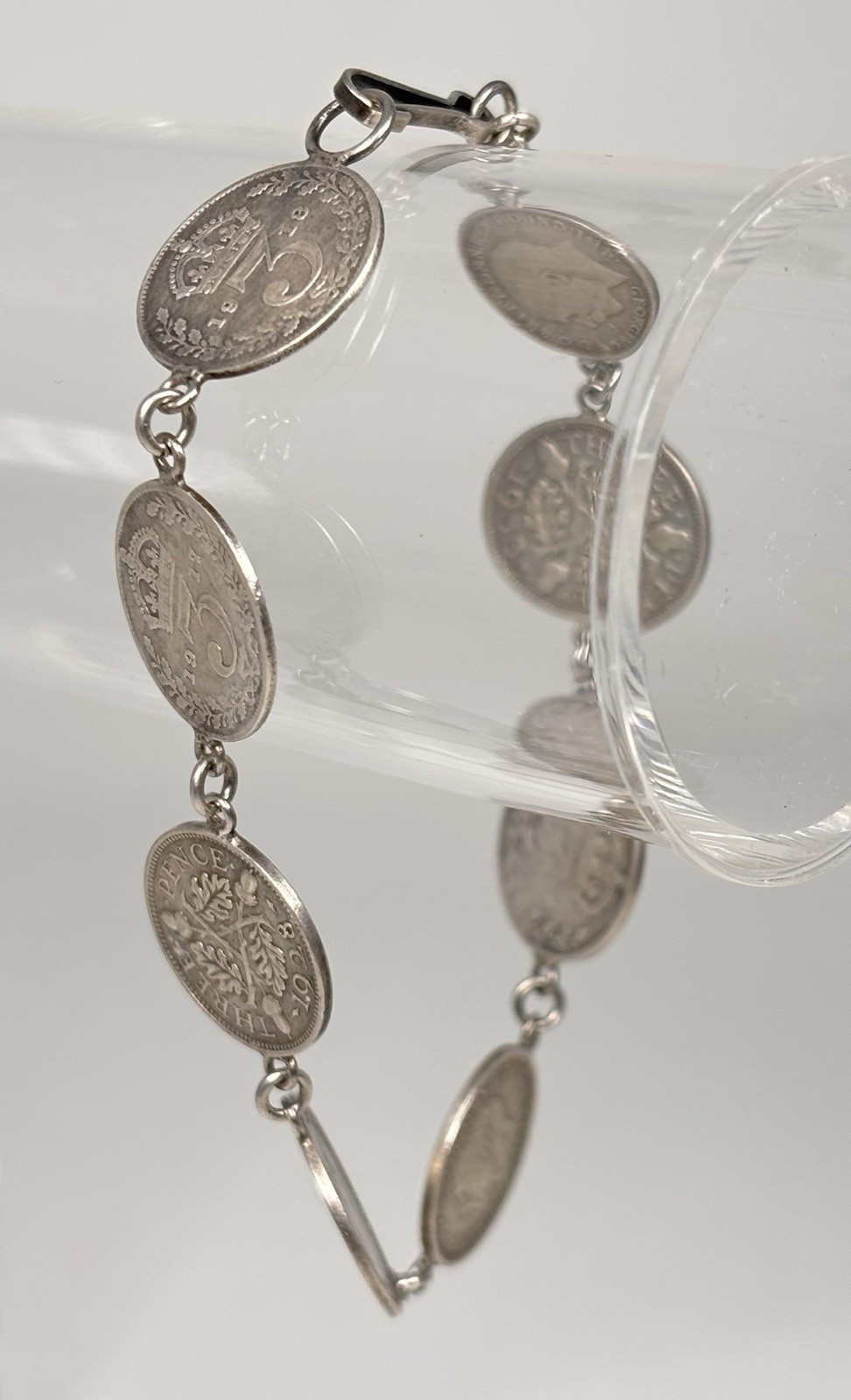 Vintage Silver Charm Bracelet King George V Three Pence Coins British Retro