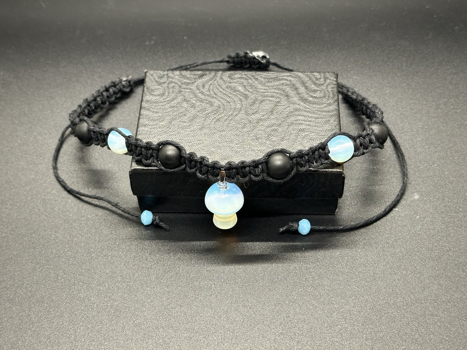 Opalite Mushroom Choker Necklace Matte Onyx Black Hemp Adjustable