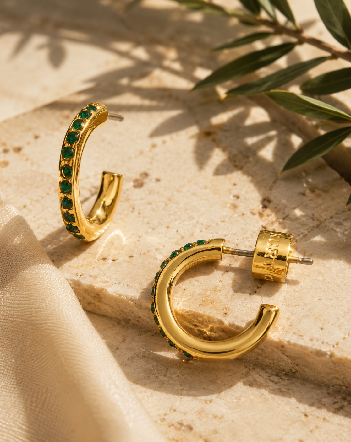 KURT GEIGER Women’s New Earrings Green Crystal Hoop Gold Tone 12.7 mm
