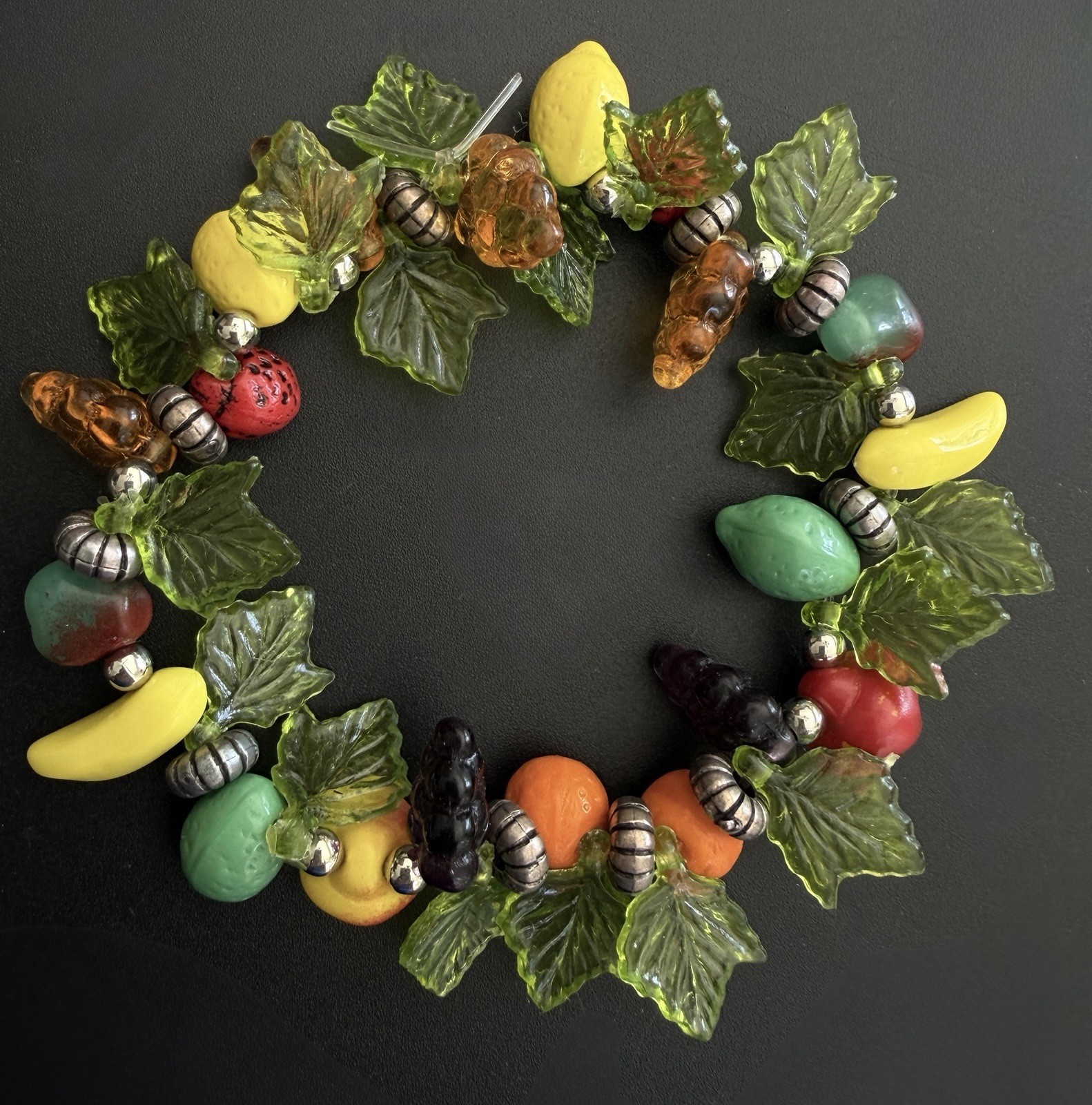 Vintage Plastic Acrylic Resin Fruit Salad Charm Bracelet Colorful Beads Silver