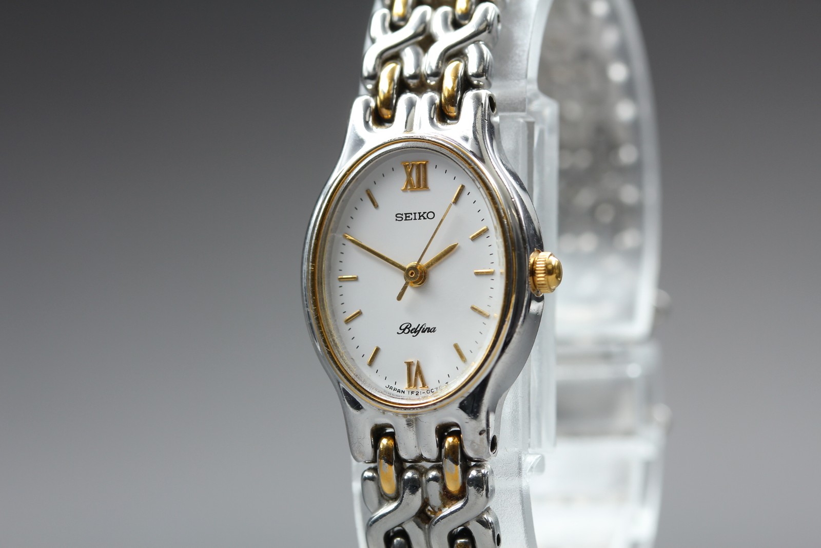 Vintage 1990 SEIKO Belfina 1F21-5A80 Gold Oval Qz Womens Watch New Batt. JAPAN