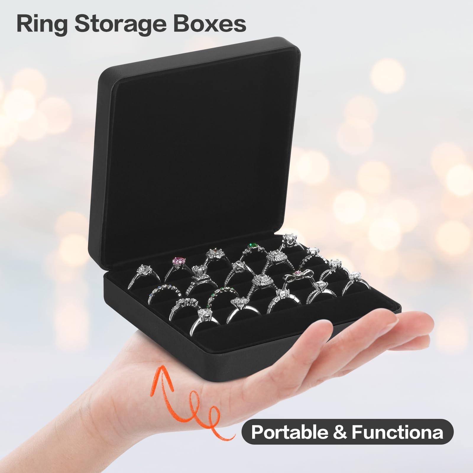 KUKUVR Ring Organizer Box, Travel 4.7*4.5*1.8 inches (12*11.5*4.5 cm), Black