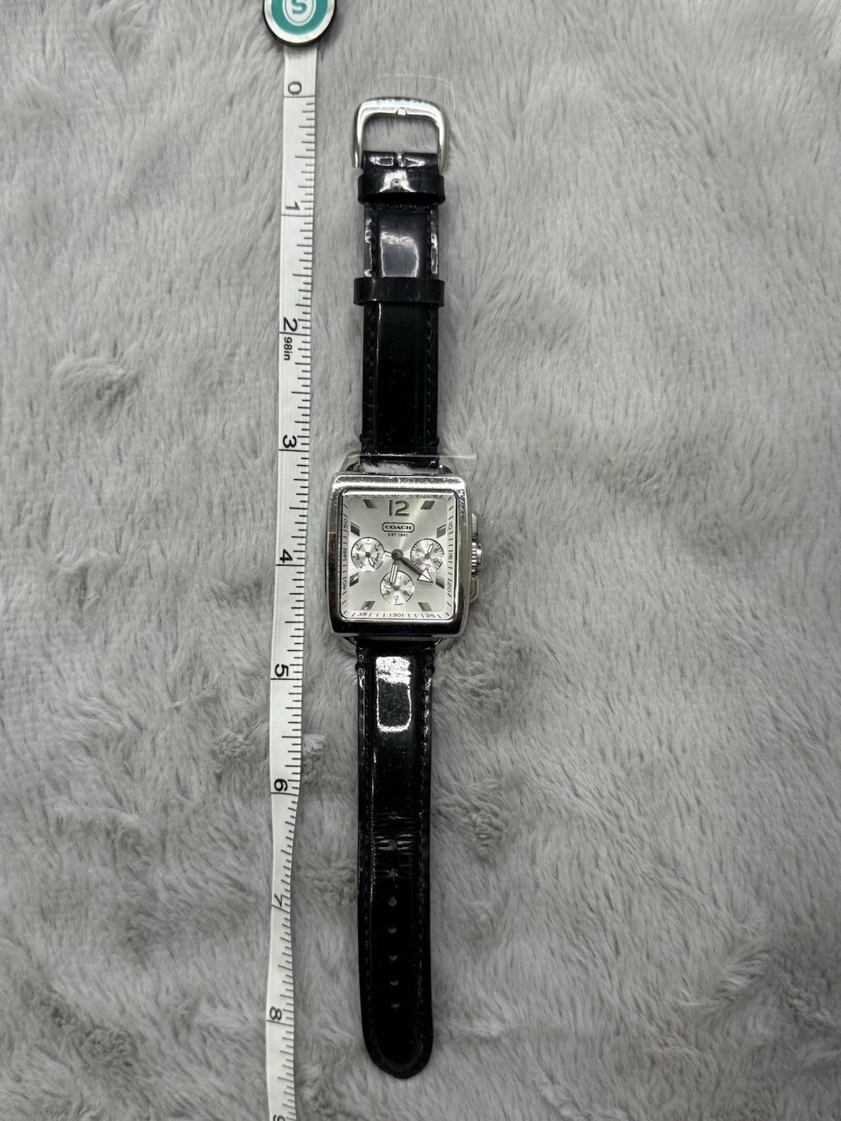 Coach Womens Watch Square Chronograph Black Patent Leather Band