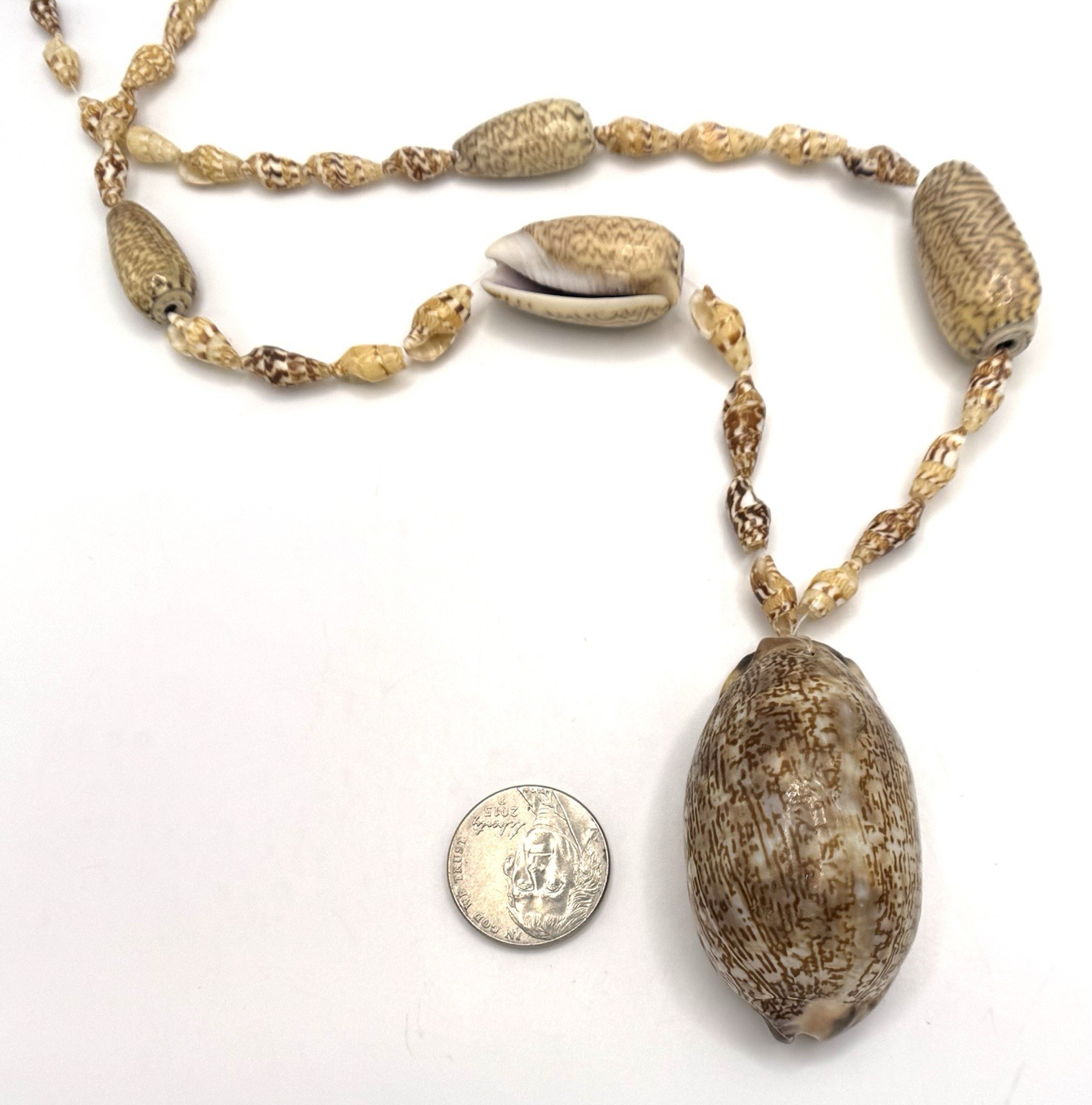 Vintage Cowrie Shell Necklace Large Pendant Beaded Boho Beach Statement 22 In