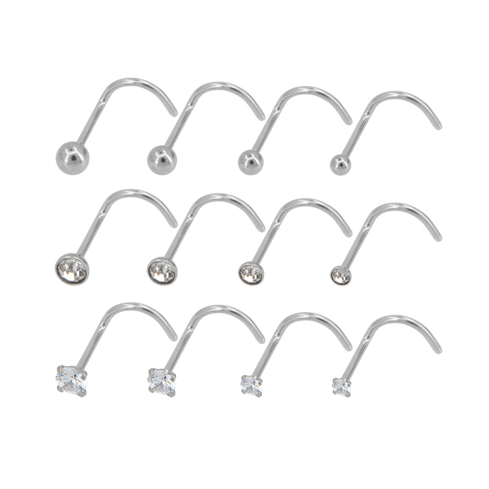 12 – 20 Gauge Steel Nose Rings Barbell CZ Stone 1.5mm 2mm 2.5mm 3mm Studs