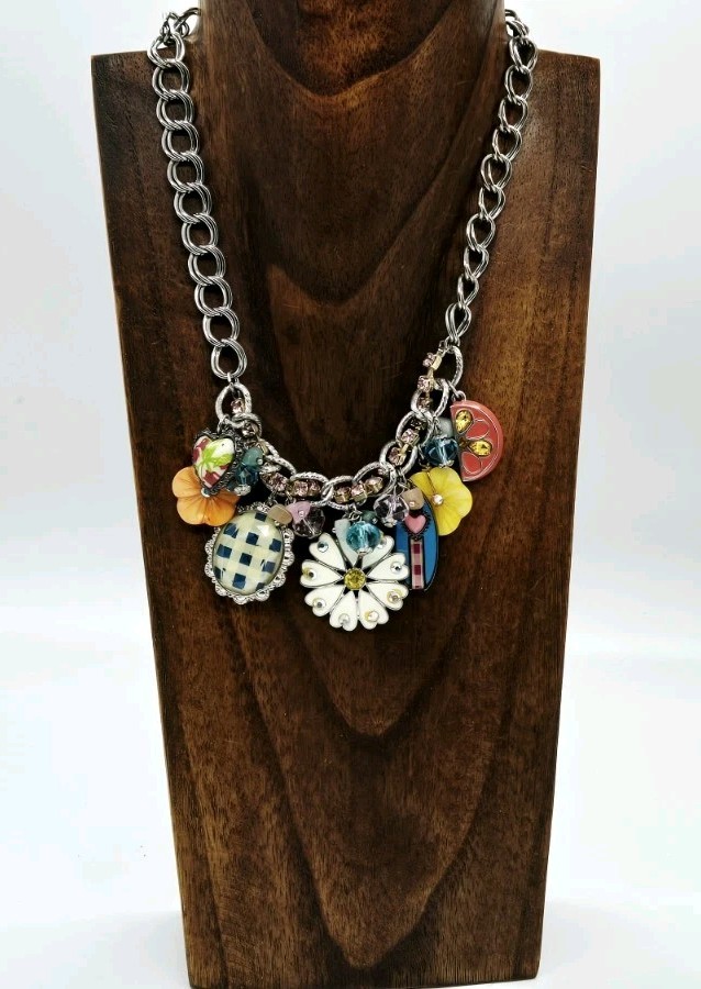 Surfboard Flower Charm Necklace MultiColor Beaded Colorful Wrap 17 in