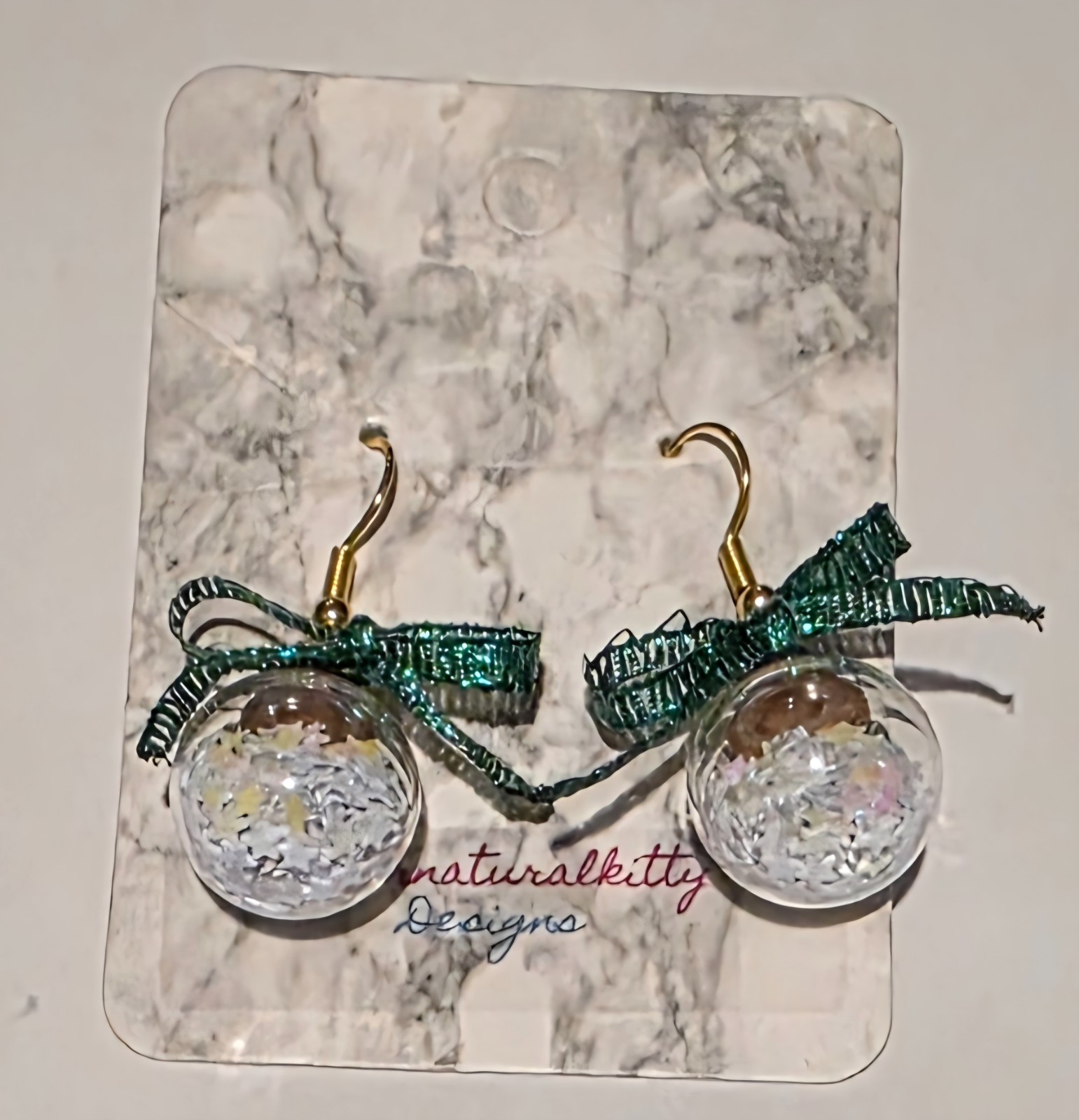 Christmas Mini Globes Earrings with Sparkly White Confetti and a Bow. Handmade.