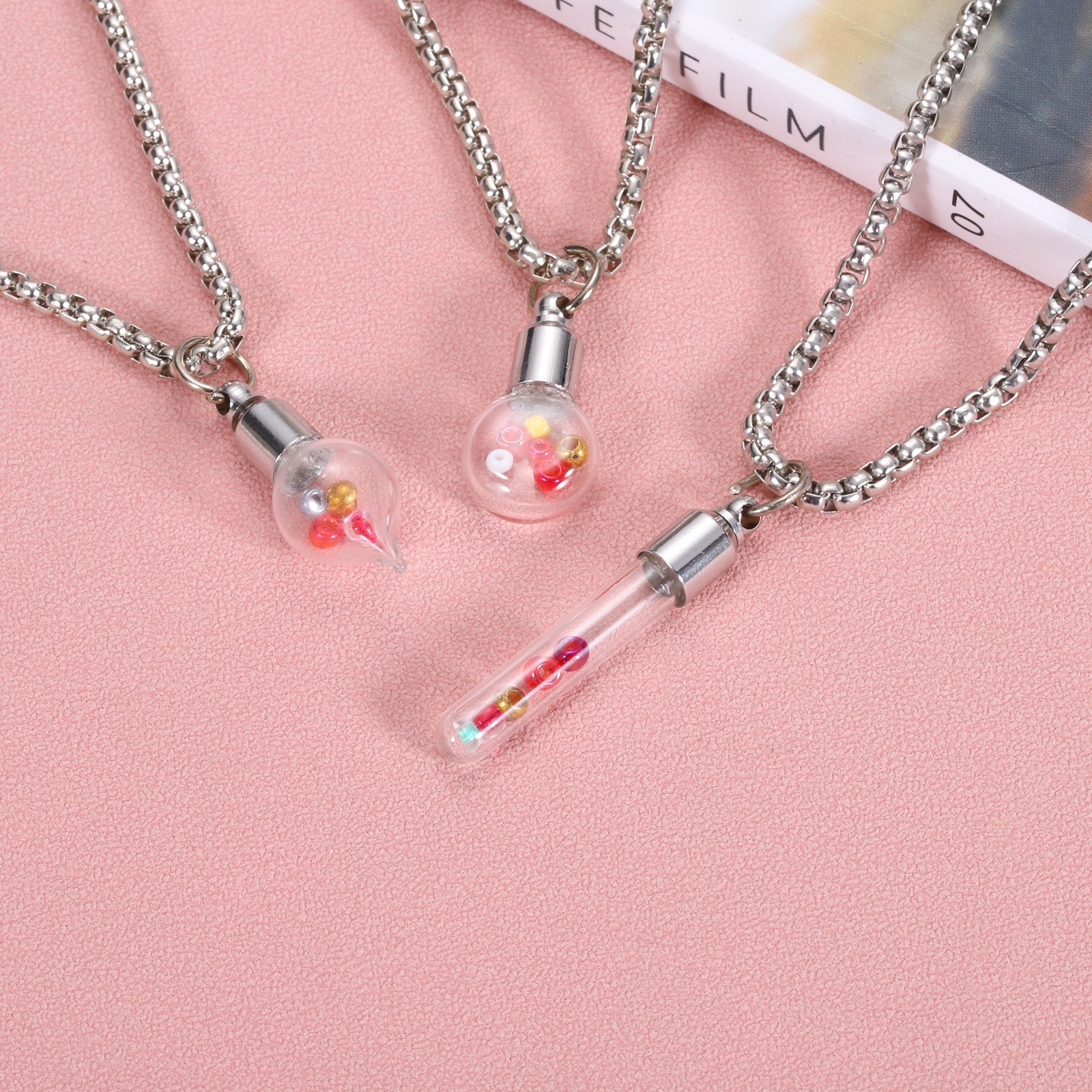 Vial Necklace, 5Pcs Flask Glass Container Necklace, Silver Tone