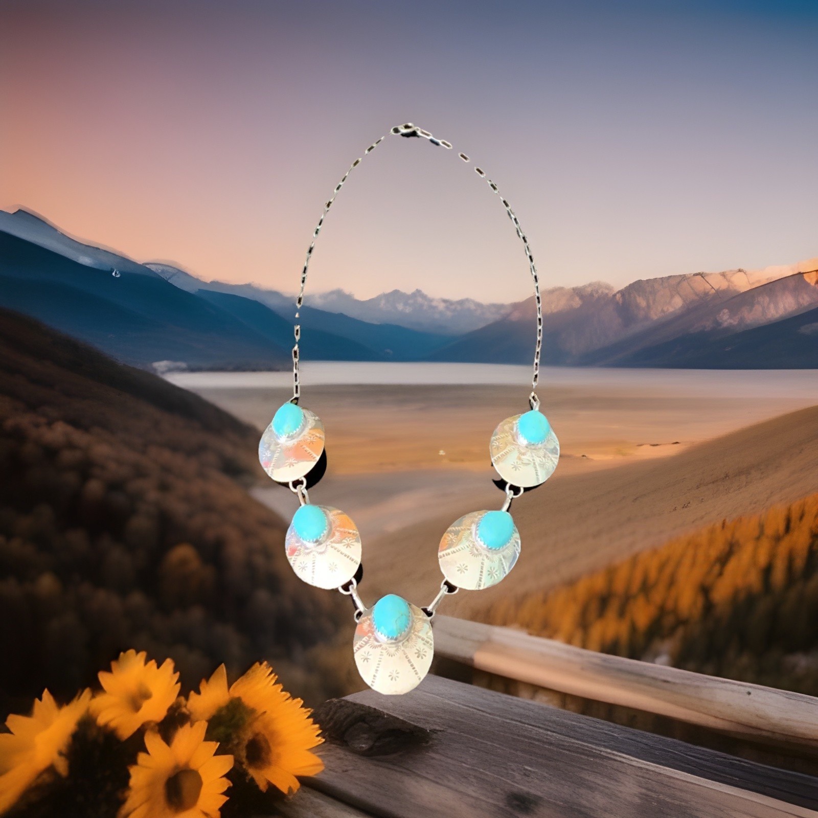 Southwestern Turquoise Stamp Work Sterling Silver Lariat Concho Necklace Vintage
