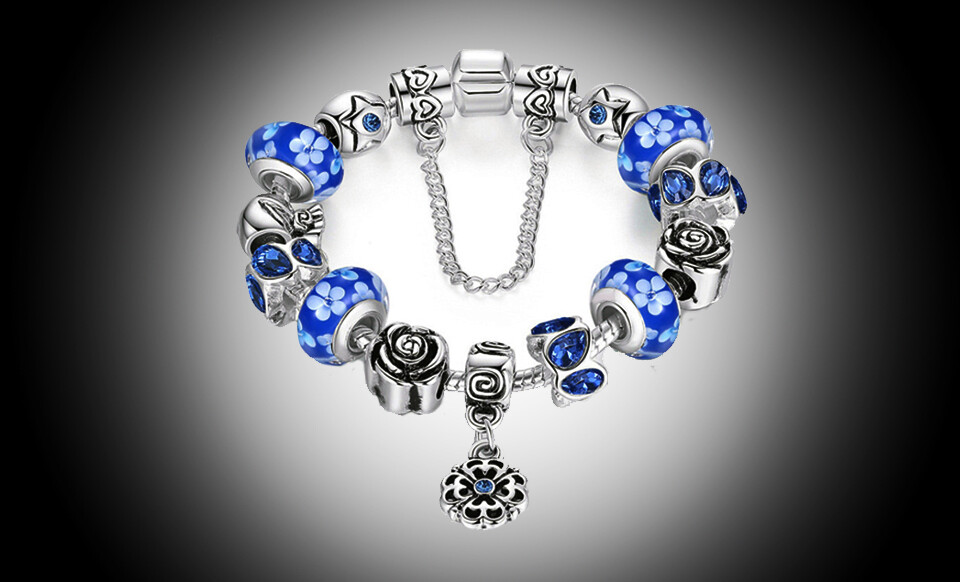 18K White Gold Plated Blue Flower Crystal CZ Charm Bracelet Made with Swarovski
