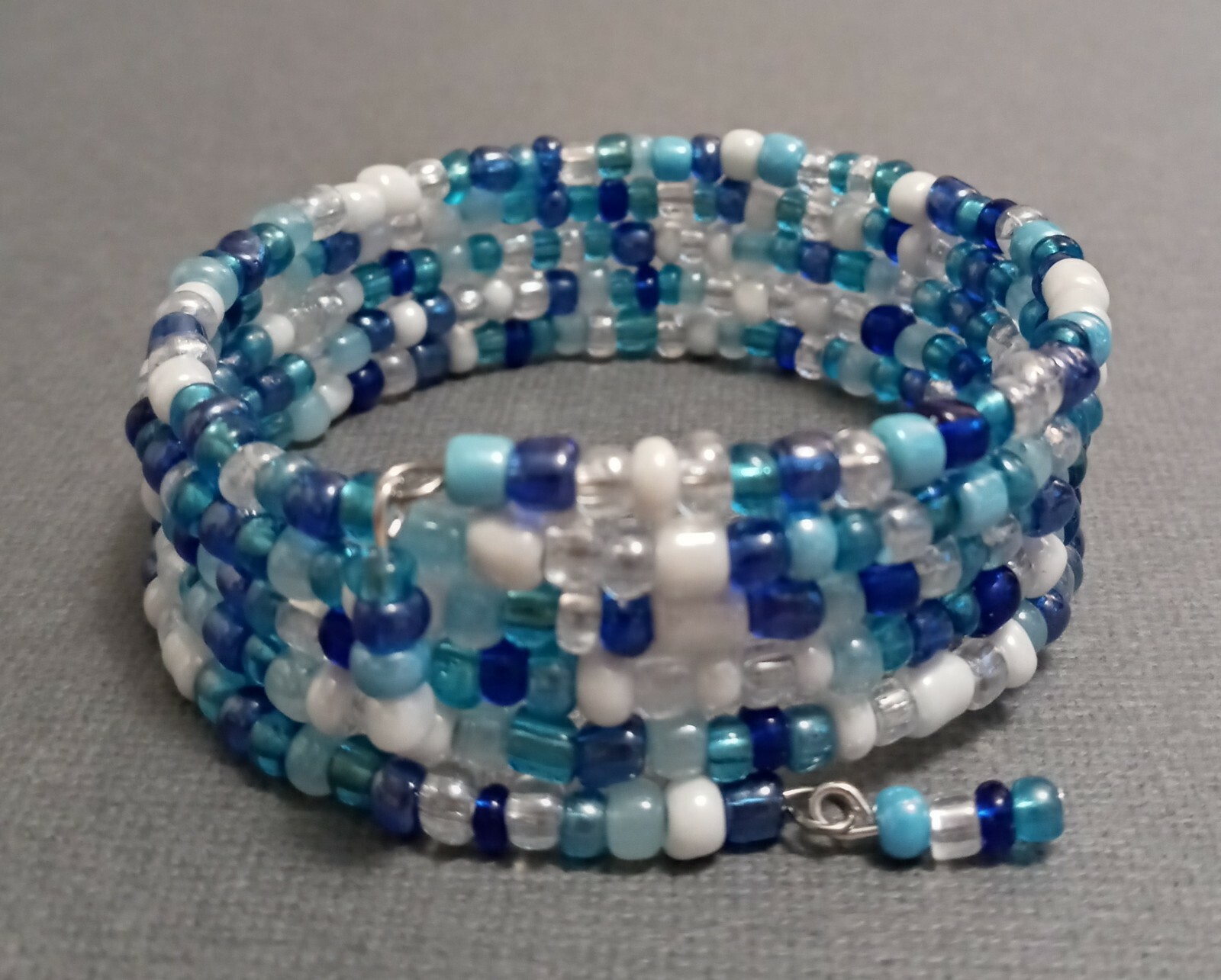 Mix of Blues White & Crystal Beaded Wrap / Coil Bracelet USA Made – Glass Beads