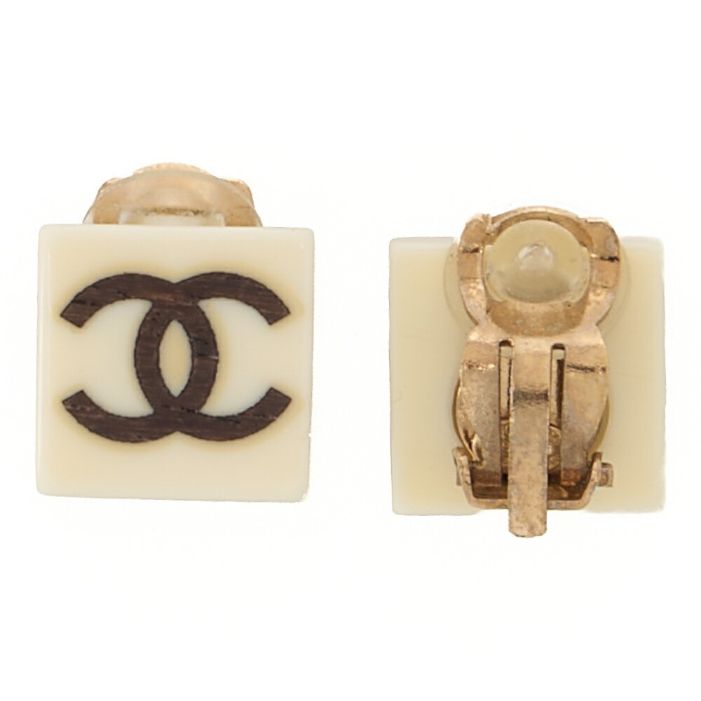 CHANEL Earrings Square Coco Mark White x Black (Gold Plated)Gold-Tone Hardware,
