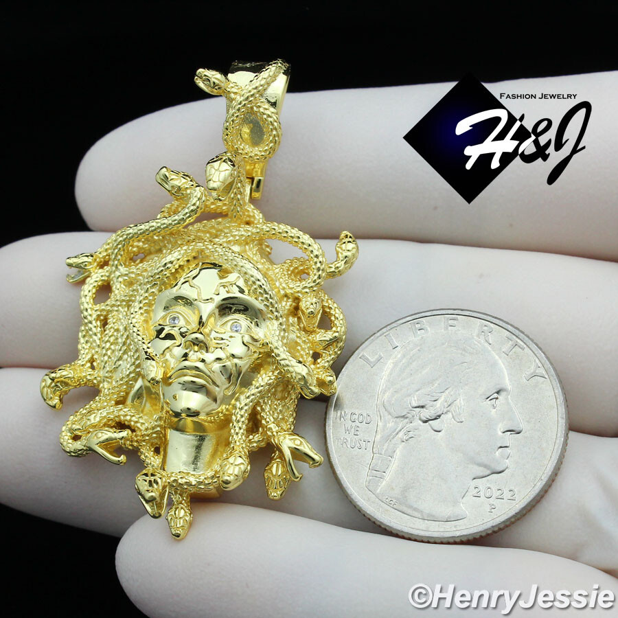 MEN 925 STERLING SILVER HIPHOP 3D MEDUSA HEAD GOLD PLATED CHARM PENDANT*GP386