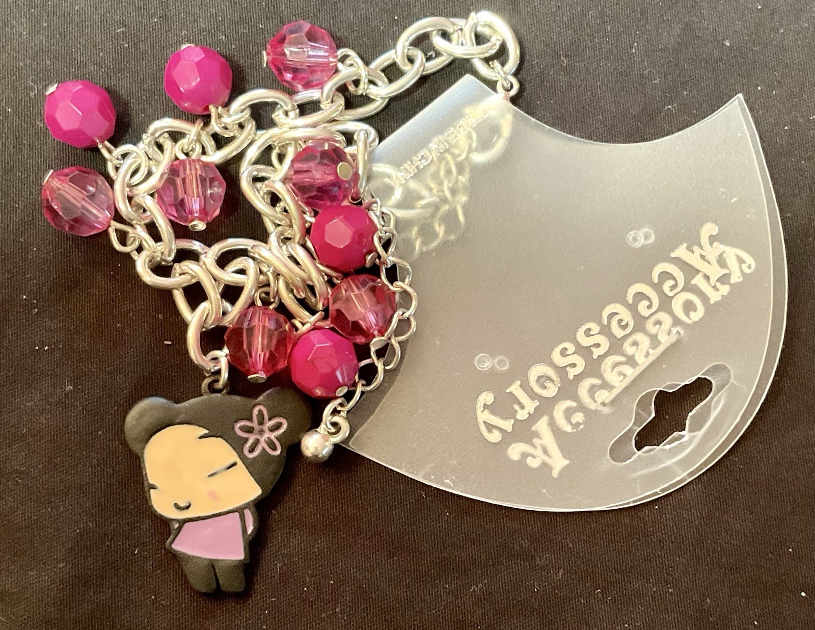 Pucca Anime Charm Bracelet Silver Tone Pink Faceted Beads Adjustable NEW Kawaii