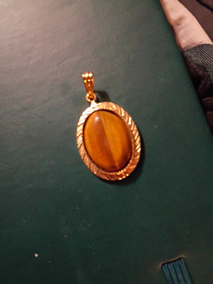 Oval Tiger’s Eye Bezel Charm Pendant, Gold Tone Brown Cabochon Stone