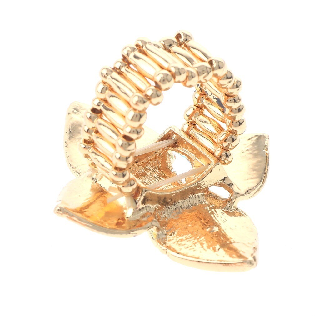 Gold Tone Stretch Metal Flower Ring With Rhinestone R1293-GAB