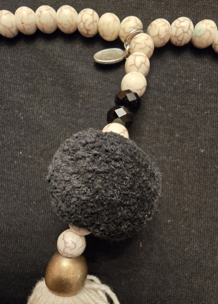 Zacasha White Lava Bead Tassel Necklace White Black Gold Boho Long Bohemian 35″