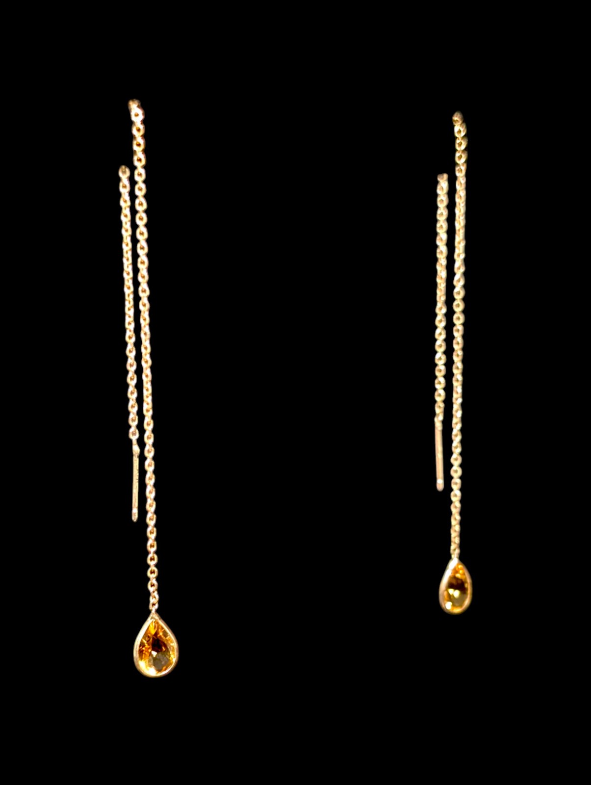 Vintage Threader Genuine Imperial Topaz Pear Cut 14k Yellow Gold Earrings
