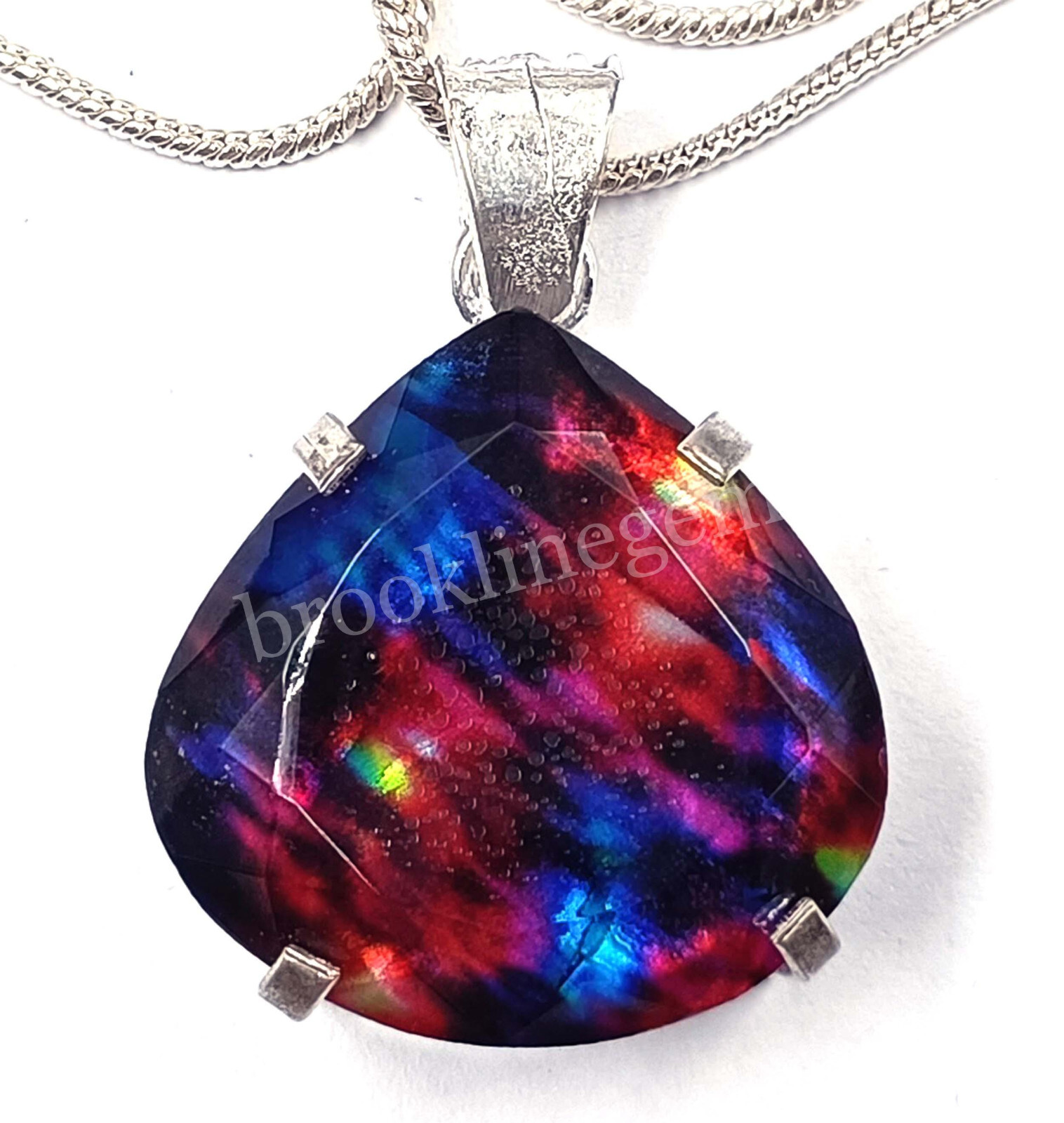 74.65 Ct Pear Natural Ammolite Opal Doublet 925 Silver Pendant EGL Gems 5FRD