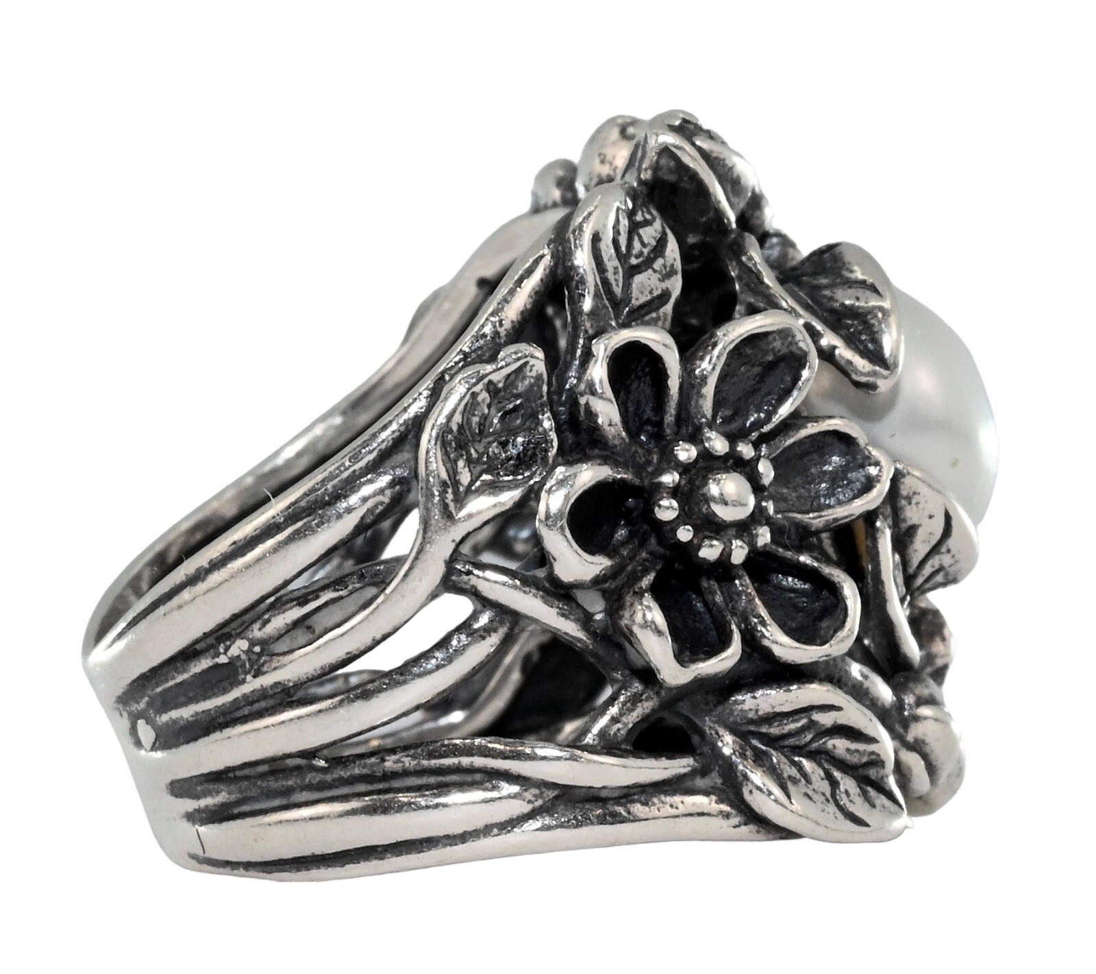 Paz Creations PZ Israel Solid 925 Sterling Silver Floral Pearl Ring! Size: 5.5!