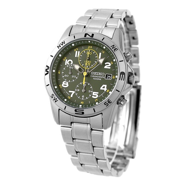 SEIKO SND377P Chronograph Men’s Watch New Green Silver Authentic Military Japan