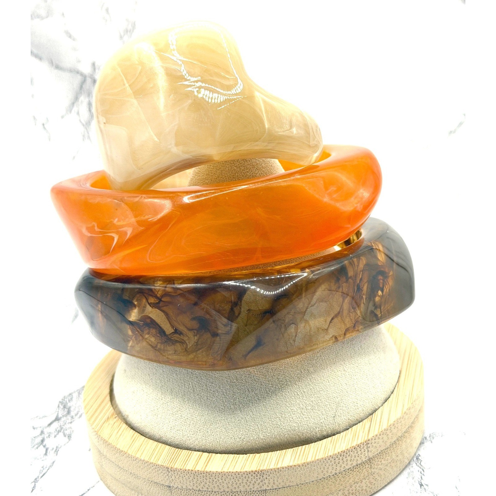 3 Chunky Marbled Lucite Acrylic Bangle Bracelets Brown Orange Taupe Cuff