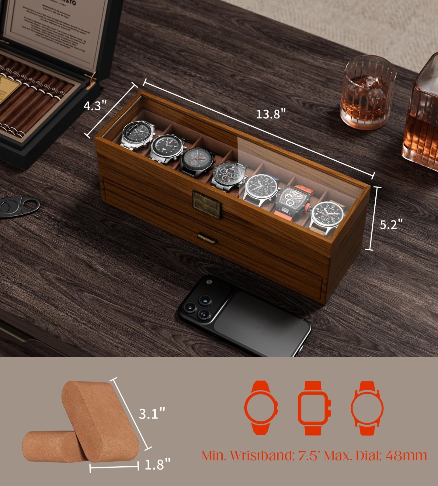 Men’s Watch Case Box – 7 Slots, 2-Layer Wood Grain Organizer with Jewelry Drawer