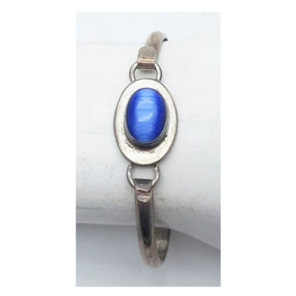 Vtg 925 Chrysoberyl Blue Cat’s Eye Cabachon Bangle 925 Sterling Silver Mexico