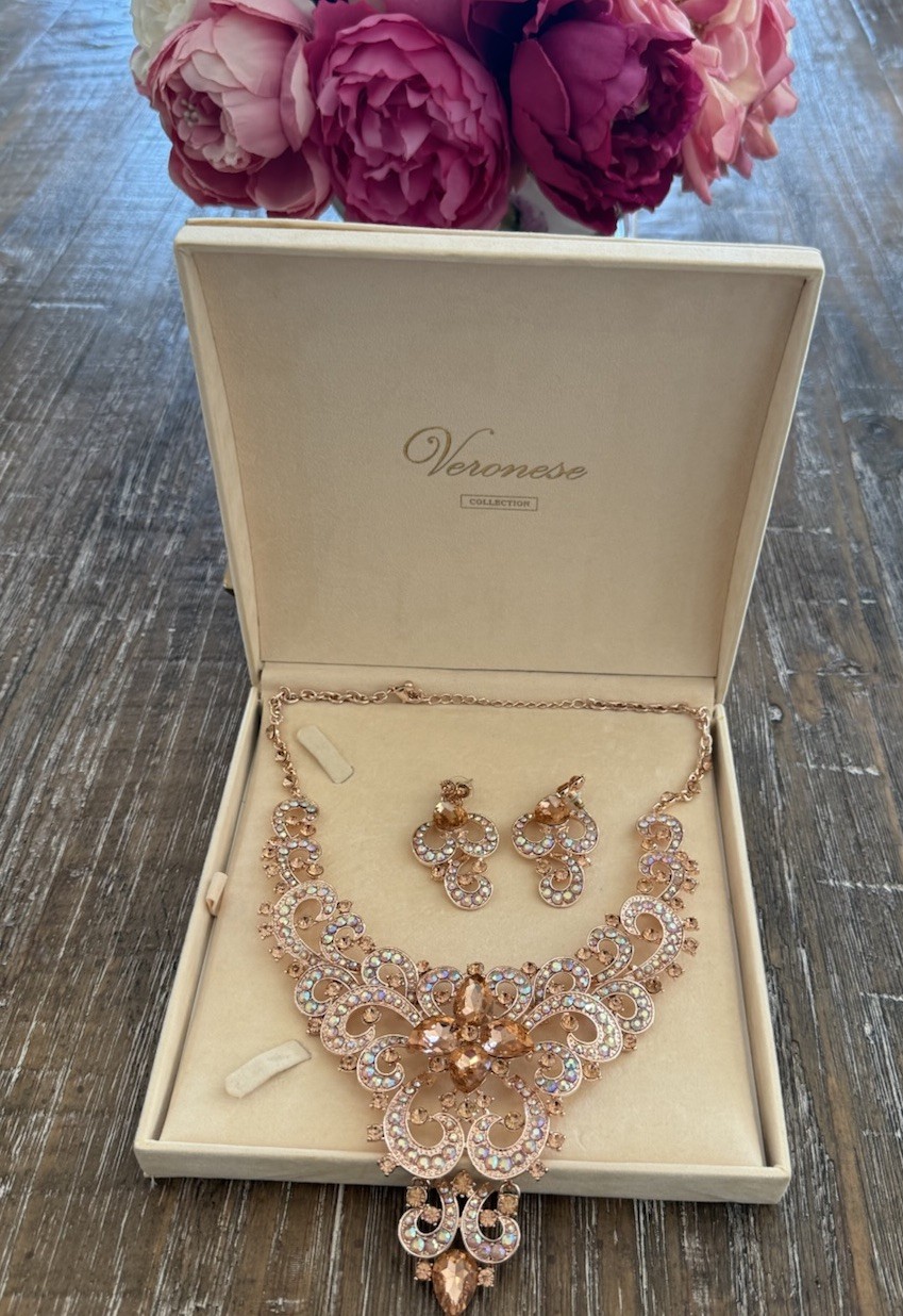 New Peach Rhinestone Wedding, Bridal, Prom Or Pagent Set With Matching Earrings