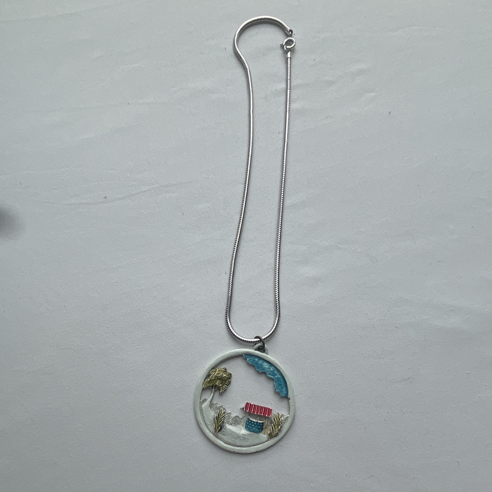 Vintage Enamel Landscape Pendant Necklace