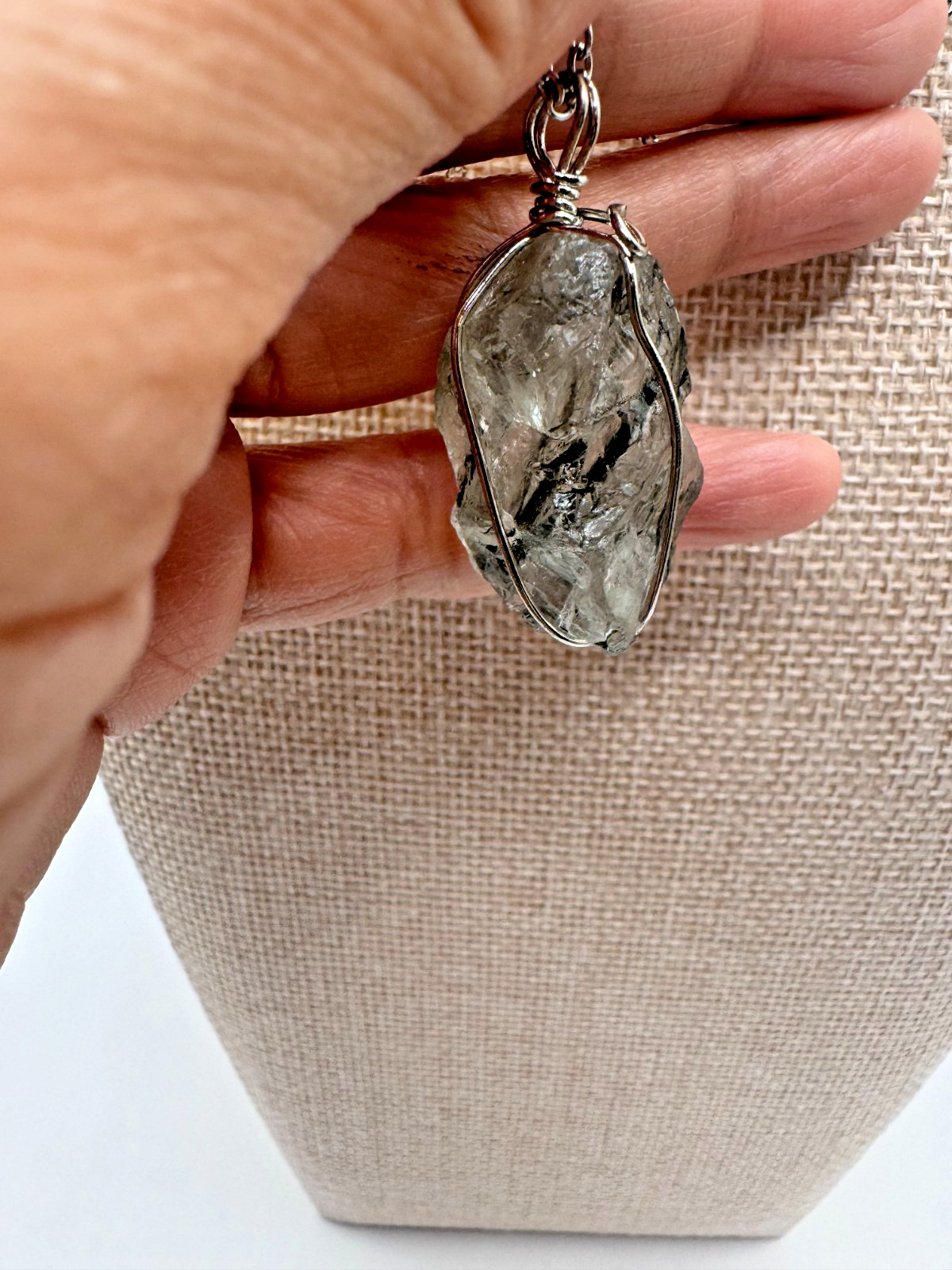 Raw Green Tourmaline in Quartz Wire Wrapped Necklace 304 Stainless Steel Chain