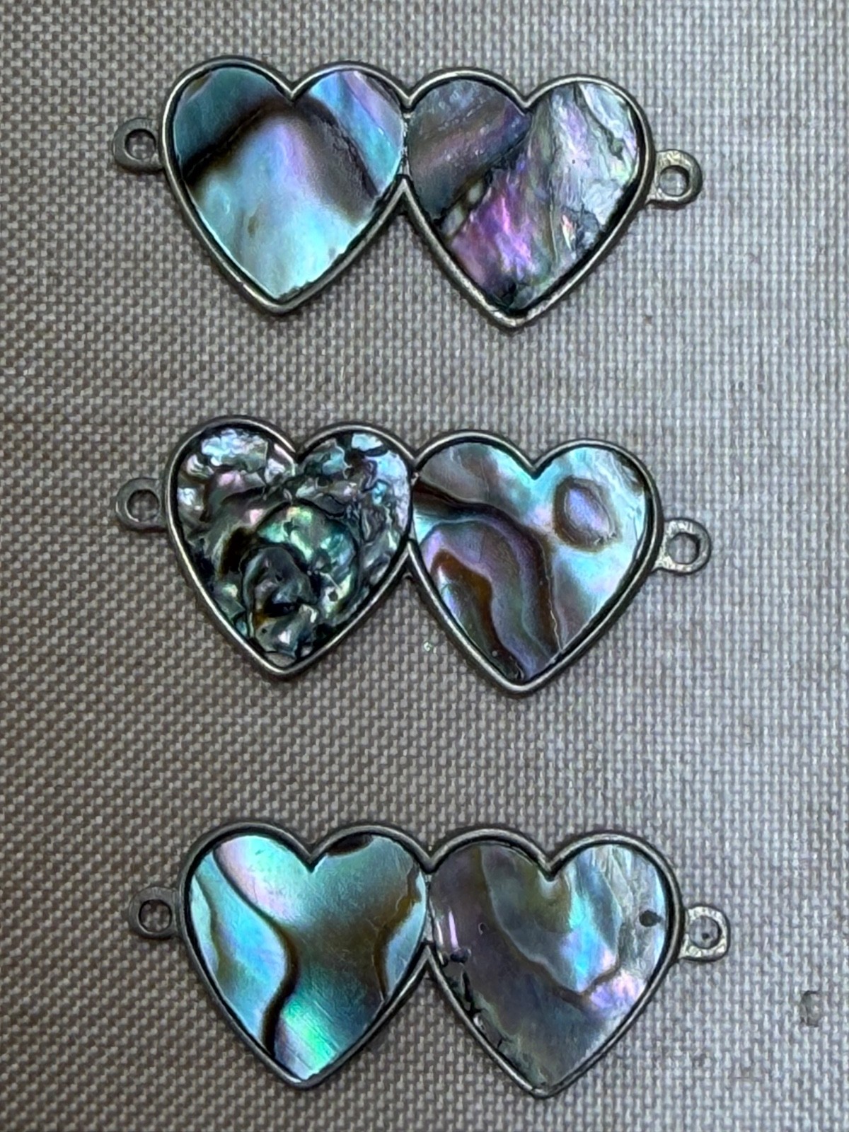 Vintage Abalone Shell Double Heart Connectors Lot of 24 Silver Tone Jewelry Find