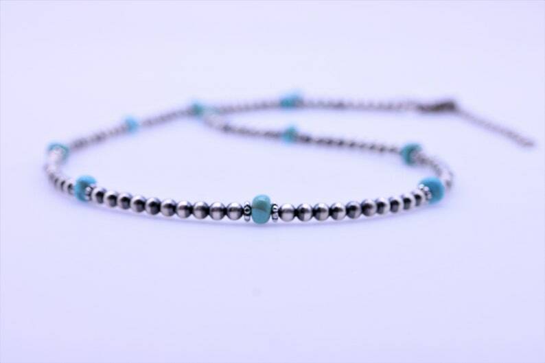 Blue Genuine Kingman 4mm Turquoise and Navajo Pearl Beaded Gemstone Necklace