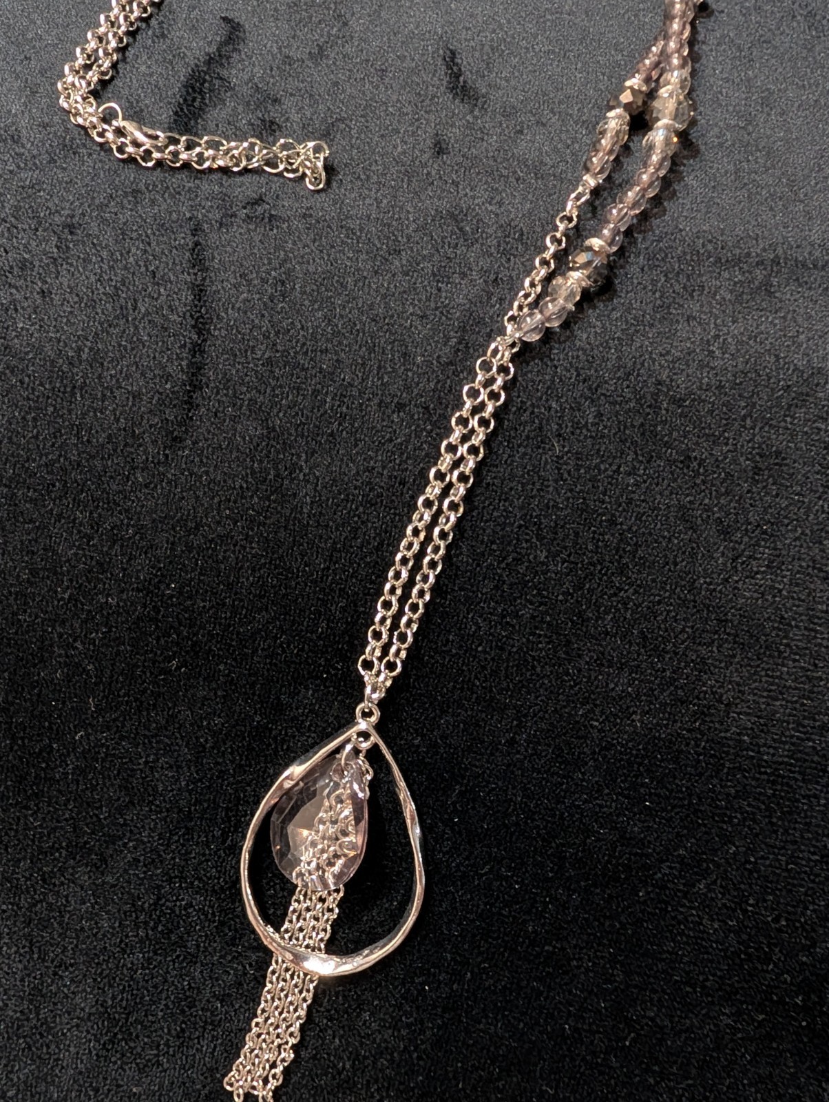 Silver Tone Cable Chain Necklace Clear Crystal Teardrop Tassel Pendant