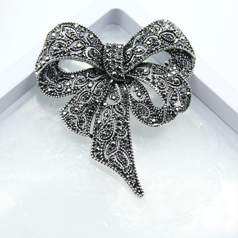 Vintage Black Color Rhinestone Bow Brooches for Women Large Bowknot Brooch Pin