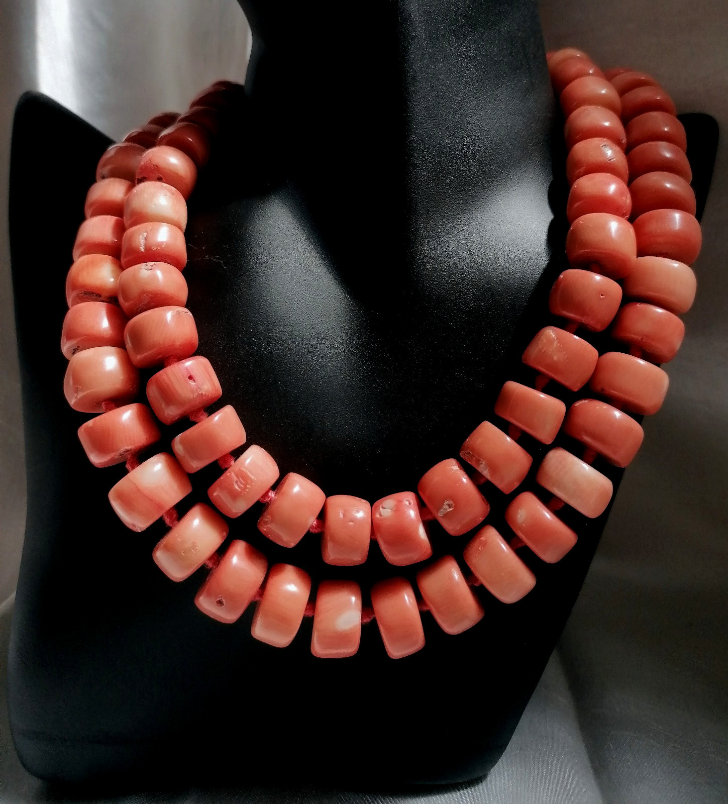 SPECTACULAR MAXI LONG NECKLACE CORAL BAMBOO SALMON CLASP SILVER GOLD.